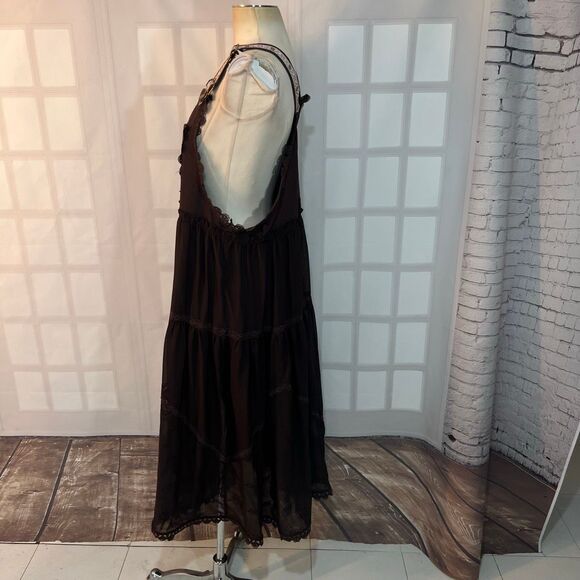 Utcoco Brown Embroidered Square Neck Tiered Maxi Jumper Apron Dress Medium - Picture 12 of 15